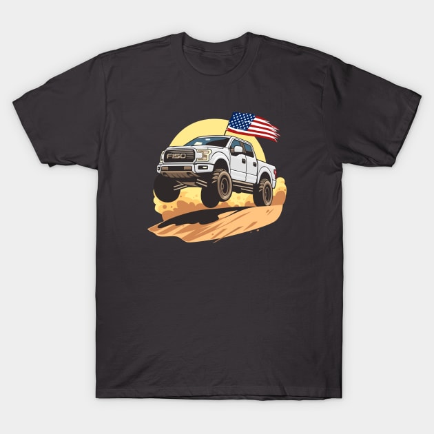 F150 car truck offroad jump on desert white T-Shirt by creative.z